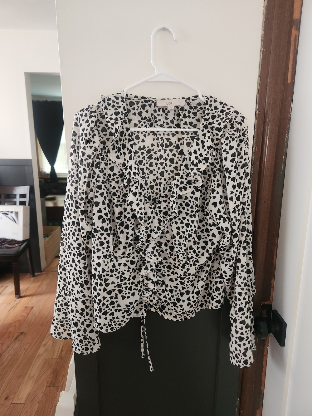LOFT Black & White Ruffle Wrap Blouse with Tie Front